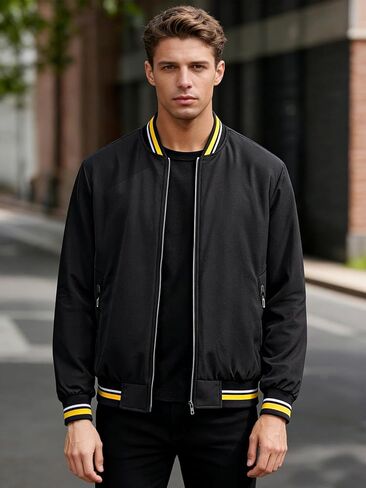 Men's Lightweight Sporty Baseball Jacket, Casual Streetwear, Machine Washable Urban Outerwear Black in Saudi Arabia