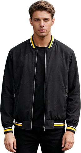 Men's Lightweight Sporty Baseball Jacket, Casual Streetwear, Machine Washable Urban Outerwear Black in Saudi Arabia
