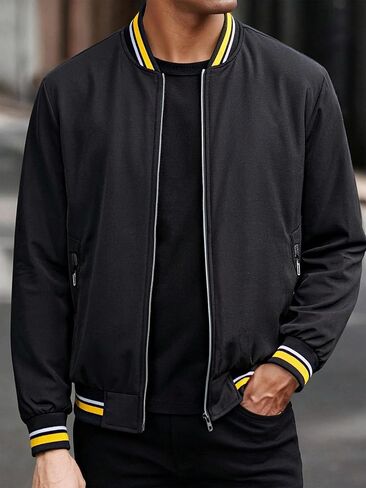 Men's Lightweight Sporty Baseball Jacket, Casual Streetwear, Machine Washable Urban Outerwear Black in Saudi Arabia