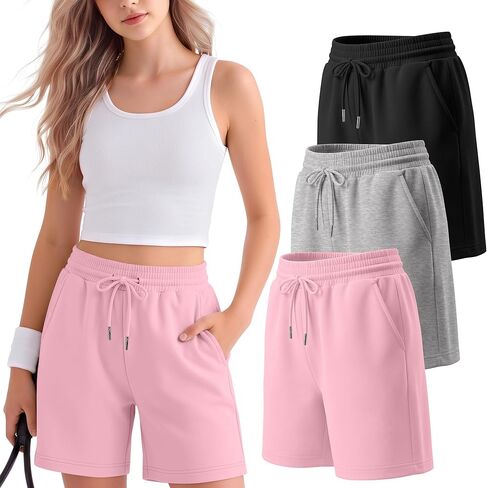 3 Pack Girls Shorts High Elastic Waist Drawstring Sweat Shorts Athletic Summer Casual Basic Pants with Pockets in Saudi Arabia