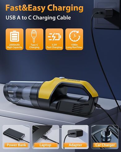 Handheld Vacuum Cordless Car Office Home Pets Hair (Yellow and Black) in Saudi Arabia