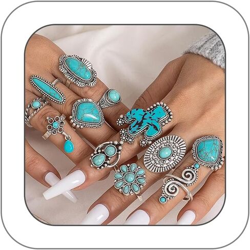 Chunky Turquoise Ring Set for Women Vintage Silver Western Stacked Statement Knuckle Joint Ring Dainty Large Natural Stone Daily Jewelry in Saudi Arabia
