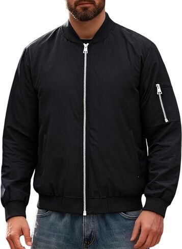 Men's Sporty Baseball Jacket, Casual Street Style, Machine Washable, Urban Leisure Outerwear Black in Saudi Arabia