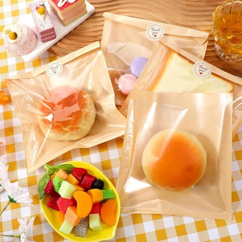 300 Pcs 7.1 x 7.5 Inch Heat Sealable Bakery Bags with Window Bakery Pastry Bag with Window Cookie Packaging Bags with Seal and 300 Pcs Stickers for Sandwich Treat Donut Cake Slice Brownie in Saudi Arabia
