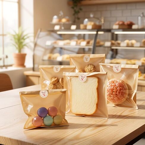 300 Pcs 7.1 x 7.5 Inch Heat Sealable Bakery Bags with Window Bakery Pastry Bag with Window Cookie Packaging Bags with Seal and 300 Pcs Stickers for Sandwich Treat Donut Cake Slice Brownie in Saudi Arabia