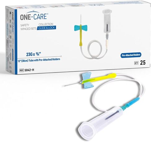 ONE-CARE 23Ga 3/4 بوصة، أنبوب 12 بوصة، حامل أنبوب مسبق التركيب، ملحقات توزيع مستلزمات المختبرات الصناعية، معبأة بشكل فردي، 25 مجموعة، انزلاق وقفل، REF 5042-H in Saudi Arabia