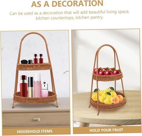 DECHOUS 1piece Woven Hand Basket for Serving Snacks and Desserts Two-tiered Storage Tray Retro Brown for Fruits and Pastries Restaurants and Homes in Saudi Arabia