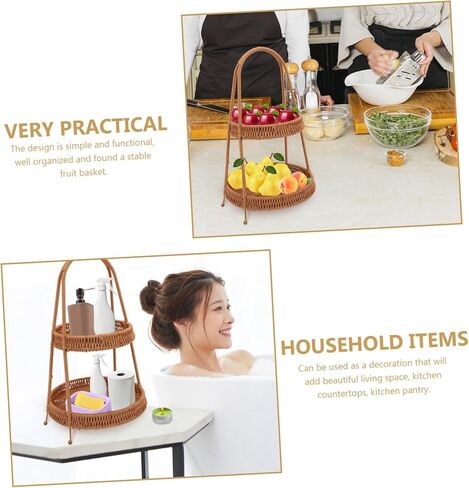 DECHOUS 1piece Woven Hand Basket for Serving Snacks and Desserts Two-tiered Storage Tray Retro Brown for Fruits and Pastries Restaurants and Homes in Saudi Arabia