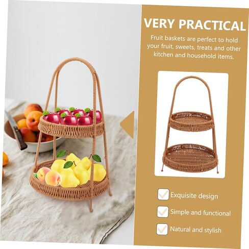 DECHOUS 1piece Woven Hand Basket for Serving Snacks and Desserts Two-tiered Storage Tray Retro Brown for Fruits and Pastries Restaurants and Homes in Saudi Arabia