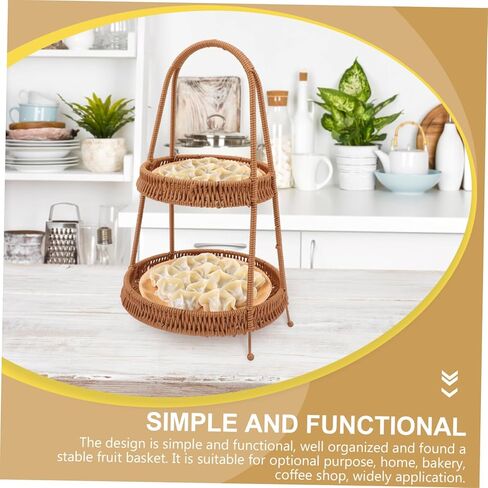 DECHOUS 1piece Woven Hand Basket for Serving Snacks and Desserts Two-tiered Storage Tray Retro Brown for Fruits and Pastries Restaurants and Homes in Saudi Arabia