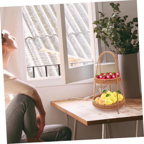 DECHOUS 1piece Woven Hand Basket for Serving Snacks and Desserts Two-tiered Storage Tray Retro Brown for Fruits and Pastries Restaurants and Homes in Saudi Arabia