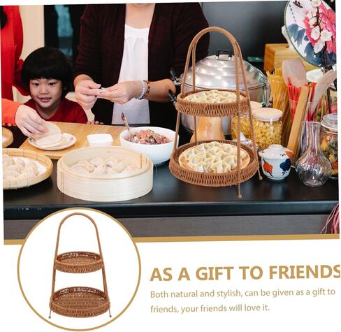 DECHOUS 1piece Woven Hand Basket for Serving Snacks and Desserts Two-tiered Storage Tray Retro Brown for Fruits and Pastries Restaurants and Homes in Saudi Arabia