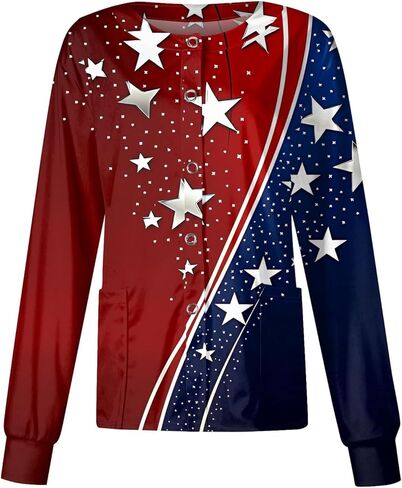 Scrub Jackets for Woman 4th of July Patriotic American Flag Print Scrub Top Plus Size Long Sleeve Button Nurse Jacket in Saudi Arabia