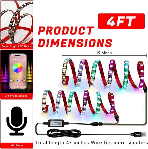 أضواء LED للسكوتر من StoneBanks للركوب الليلي، شريط إضاءة RGB 47 بوصة يعمل بالبطارية وإضاءة لوح تزلج كهربائي مقاوم للماء مع جهاز تحكم عن بعد والتحكم في التطبيق، أضواء طويلة قابلة لإعادة الشحن عبر USB 60 مصباح LED in Kuwait