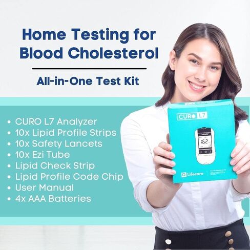 10 × شرائط اختبار مجموعة اختبار الكوليسترول المنزلي CUROfit L7 درجة احترافية الكل في واحد متضمنة 1 × جهاز اختبار، 10 × شرائط اختبار، مشارط وقضيب EziTube in Kuwait
