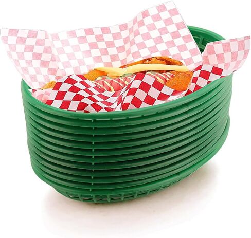 FEOOWV Retro Style Fast Food Basket (12Pk) and Checkered Deli Liner (100 Pk) Combo. Fast Food Basket Are Dishwasher Safe. Disposable Deli Paper Squares for Easy Cleanup (Green) in Saudi Arabia