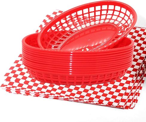 FEOOWV Retro Style Fast Food Basket (12Pk) and Checkered Deli Liner (100 Pk) Combo. Fast Food Basket Are Dishwasher Safe. Disposable Deli Paper Squares for Easy Cleanup (Green) in Saudi Arabia