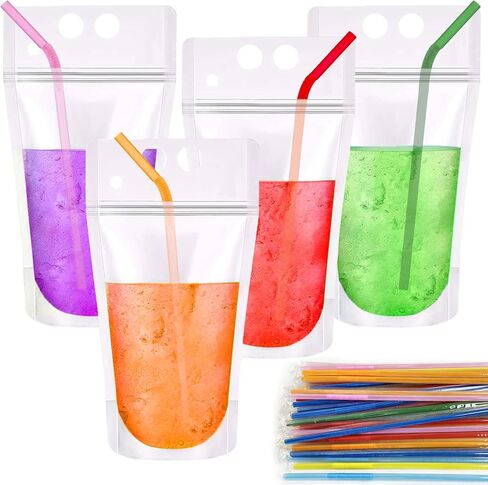 100 PCS Drink Pouches with Straws Individually-Wrapped, 17oz Reusable Juice Pouches, Party Drink Containers for Cocktail, Smoothie, Reclosable Plastic Pouch for Cold & Hot Drinks, Party & Travel in Saudi Arabia
