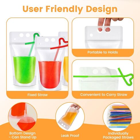 100 PCS Drink Pouches with Straws Individually-Wrapped, 17oz Reusable Juice Pouches, Party Drink Containers for Cocktail, Smoothie, Reclosable Plastic Pouch for Cold & Hot Drinks, Party & Travel in Saudi Arabia