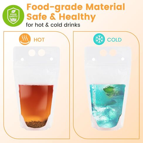 100 PCS Drink Pouches with Straws Individually-Wrapped, 17oz Reusable Juice Pouches, Party Drink Containers for Cocktail, Smoothie, Reclosable Plastic Pouch for Cold & Hot Drinks, Party & Travel in Saudi Arabia