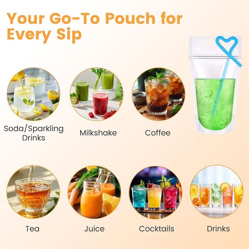 100 PCS Drink Pouches with Straws Individually-Wrapped, 17oz Reusable Juice Pouches, Party Drink Containers for Cocktail, Smoothie, Reclosable Plastic Pouch for Cold & Hot Drinks, Party & Travel in Saudi Arabia
