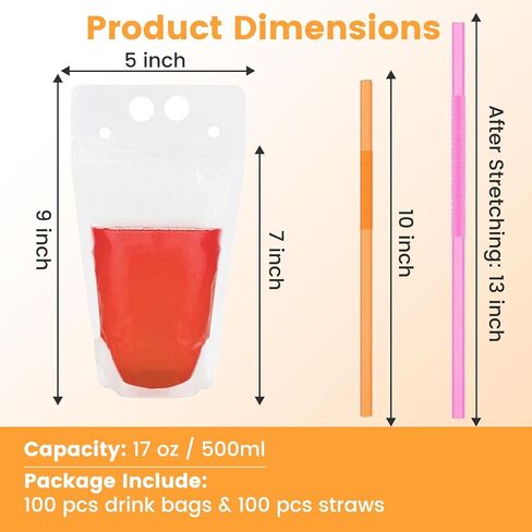 100 PCS Drink Pouches with Straws Individually-Wrapped, 17oz Reusable Juice Pouches, Party Drink Containers for Cocktail, Smoothie, Reclosable Plastic Pouch for Cold & Hot Drinks, Party & Travel in Saudi Arabia