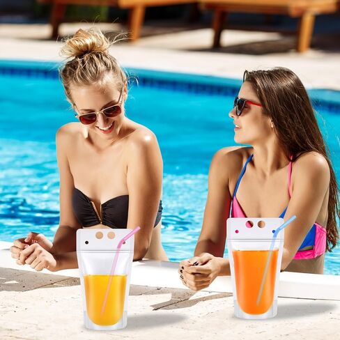 100 PCS Drink Pouches with Straws Individually-Wrapped, 17oz Reusable Juice Pouches, Party Drink Containers for Cocktail, Smoothie, Reclosable Plastic Pouch for Cold & Hot Drinks, Party & Travel in Saudi Arabia