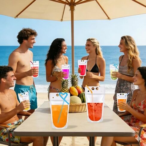 100 PCS Drink Pouches with Straws Individually-Wrapped, 17oz Reusable Juice Pouches, Party Drink Containers for Cocktail, Smoothie, Reclosable Plastic Pouch for Cold & Hot Drinks, Party & Travel in Saudi Arabia