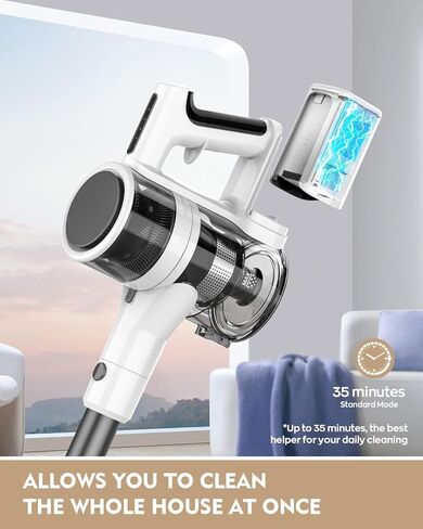 Cordless Vacuum Cleaner, 80,000 RPM Motor and Power Filtration, Stick Vacuum with 2200 mAh Battery, 35 Mins Worktime, 2 Modes, Rotated Multi-Heads, Height-Adjustable Vacuum for Home (Harbor White) in Saudi Arabia