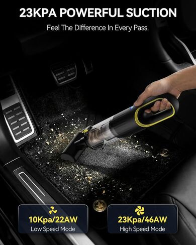مكنسة كهربائية محمولة للسيارة لاسلكية بقوة شفط عالية 23000 باسكال، شحن سريع 1.5 ساعة من النوع C ووضعين للشفط، مكنسة يدوية صغيرة محمولة قابلة لإعادة الشحن مع فوهات متعددة للسيارة والمكتب المنزلي (أسود) in Kuwait