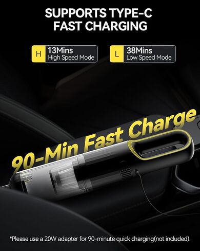 مكنسة كهربائية محمولة للسيارة لاسلكية بقوة شفط عالية 23000 باسكال، شحن سريع 1.5 ساعة من النوع C ووضعين للشفط، مكنسة يدوية صغيرة محمولة قابلة لإعادة الشحن مع فوهات متعددة للسيارة والمكتب المنزلي (أسود) in Kuwait