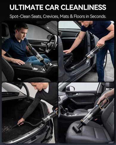 مكنسة كهربائية محمولة للسيارة لاسلكية بقوة شفط عالية 23000 باسكال، شحن سريع 1.5 ساعة من النوع C ووضعين للشفط، مكنسة يدوية صغيرة محمولة قابلة لإعادة الشحن مع فوهات متعددة للسيارة والمكتب المنزلي (أسود) in Kuwait