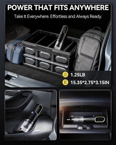 مكنسة كهربائية محمولة للسيارة لاسلكية بقوة شفط عالية 23000 باسكال، شحن سريع 1.5 ساعة من النوع C ووضعين للشفط، مكنسة يدوية صغيرة محمولة قابلة لإعادة الشحن مع فوهات متعددة للسيارة والمكتب المنزلي (أسود) in Kuwait