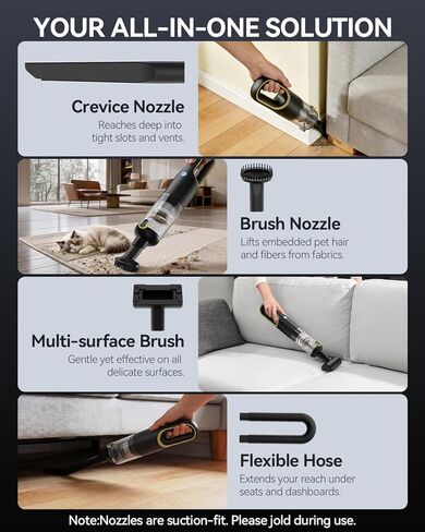 مكنسة كهربائية محمولة للسيارة لاسلكية بقوة شفط عالية 23000 باسكال، شحن سريع 1.5 ساعة من النوع C ووضعين للشفط، مكنسة يدوية صغيرة محمولة قابلة لإعادة الشحن مع فوهات متعددة للسيارة والمكتب المنزلي (أسود) in Kuwait