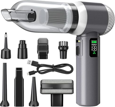 مكنسة كهربائية لاسلكية محمولة، 2 في 1 شفط ونفخ، محرك بدون فرشاة 100 وات، شاشة رقمية LED، 8 ملحقات، للسيارة والمنزل والحيوانات الأليفة ومكتب الشعر in Kuwait