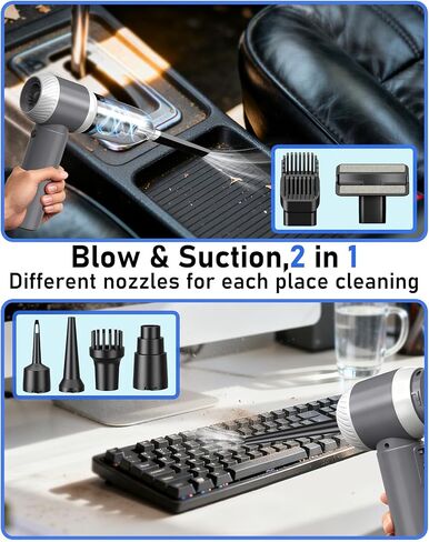 مكنسة كهربائية لاسلكية محمولة، 2 في 1 شفط ونفخ، محرك بدون فرشاة 100 وات، شاشة رقمية LED، 8 ملحقات، للسيارة والمنزل والحيوانات الأليفة ومكتب الشعر in Kuwait
