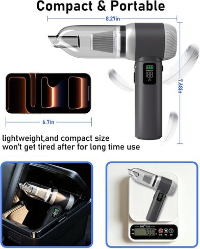 مكنسة كهربائية لاسلكية محمولة، 2 في 1 شفط ونفخ، محرك بدون فرشاة 100 وات، شاشة رقمية LED، 8 ملحقات، للسيارة والمنزل والحيوانات الأليفة ومكتب الشعر in Kuwait