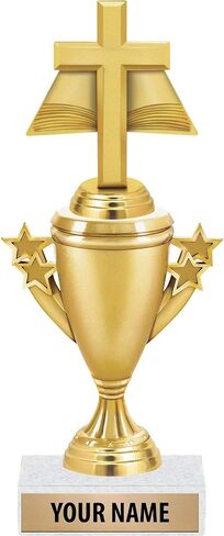Bible Cross Trophies - Gold - Bible Cross Trophy Award - Custom Engraving On White Marble Base Prime in Saudi Arabia