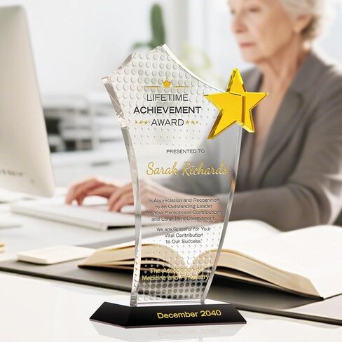 Personalized Gold Star Crystal Lifetime Achievement Award – Custom Engraved Employee Trophy for Career Recognition, Leadership, Retirement & Milestones (L - 10") in Saudi Arabia