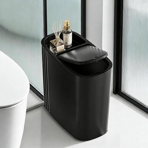 Bathroom Trash Can with Lid & Storage Compartment, 3.7 Gallon Slim Small Thin Press Top Garbage Can, Narrow Plastic Waste Basket and Covered Wastebasket for Room,Bedroom,Kitchen,Toilet,Office (White) in Saudi Arabia