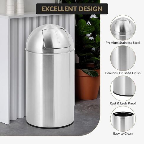 18 Gallon/70 L Cylindrical Trash Can, Heavy Duty Stainless Steel Rubbish Bin with Removable Inner Bucket, Outdoor Tall Garbage Can with Push Lid for Office, Restaurant, Commercial Use in Saudi Arabia