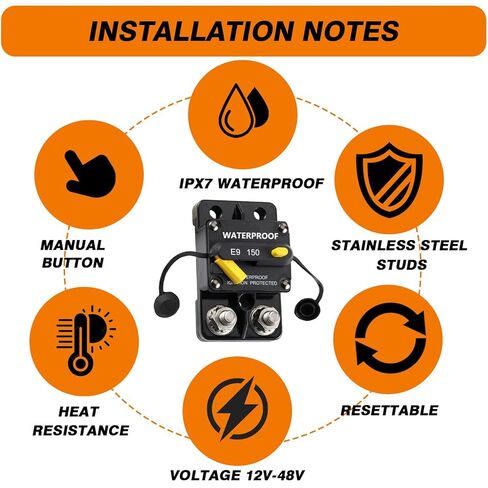 قاطع الدائرة الكهربائية E9C مقاوم للماء IP67، حامل سطحي ممتد 3/8 بوصة، شاحنة RV البحرية، Hi-Amp 12V-48V DC حماية من الحمل الزائد وحماية الدائرة القصيرة (100A) in Kuwait
