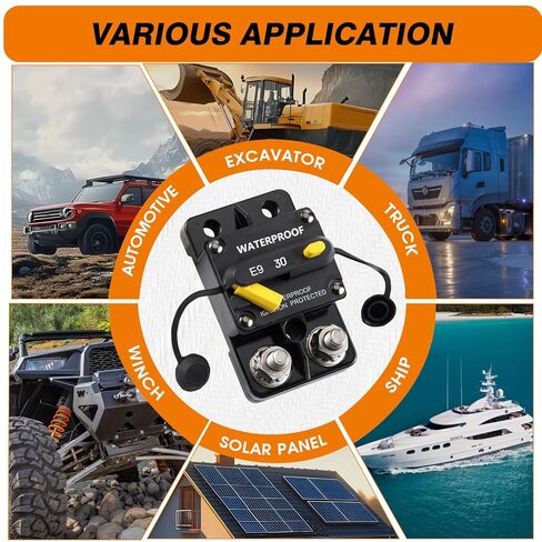 قاطع الدائرة الكهربائية E9C مقاوم للماء IP67، حامل سطحي ممتد 3/8 بوصة، شاحنة RV البحرية، Hi-Amp 12V-48V DC حماية من الحمل الزائد وحماية الدائرة القصيرة (100A) in Kuwait