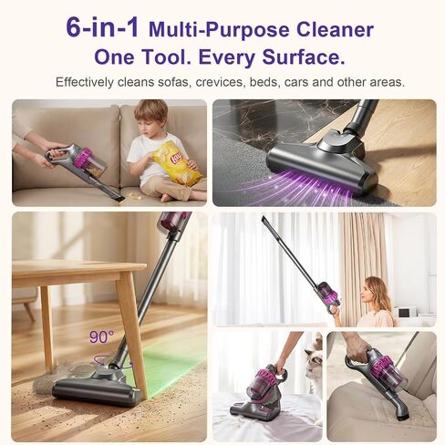 Cordless Stick Vacuum Cleaner, 6-in-1 Lightweight Handheld Vacuum, Built-in Mattress Vacuum Cleaner, 3-Speed Suction, Powerful Multi-purpose Cleaner for Hardwood Floors, Carpet, Pet Hair, Car Cleaning in Saudi Arabia