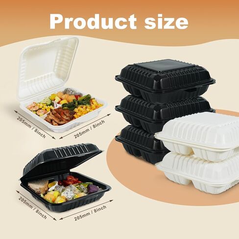 50-Pack 8x8 Inch Clamshell Take Out Food Containers|Lunch Containers with Compartments |Microwavable, Freezer Safe, Soak-Resistant, Durable, Stackable for Pasta Salad Sandwich(Black) in Saudi Arabia