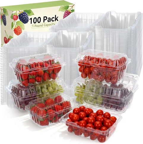 Qinyoung 100 Pack 1 Pound Clear Plastic Berry Containers with Lids Vented Clam Shell Produce Baskets for Fridge 7.1 x 4.7 x 2.4 Inch Fruit Storage Boxes for Strawberry, Grocery, Home Use in Saudi Arabia