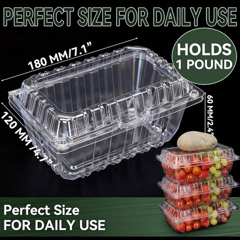 Qinyoung 100 Pack 1 Pound Clear Plastic Berry Containers with Lids Vented Clam Shell Produce Baskets for Fridge 7.1 x 4.7 x 2.4 Inch Fruit Storage Boxes for Strawberry, Grocery, Home Use in Saudi Arabia