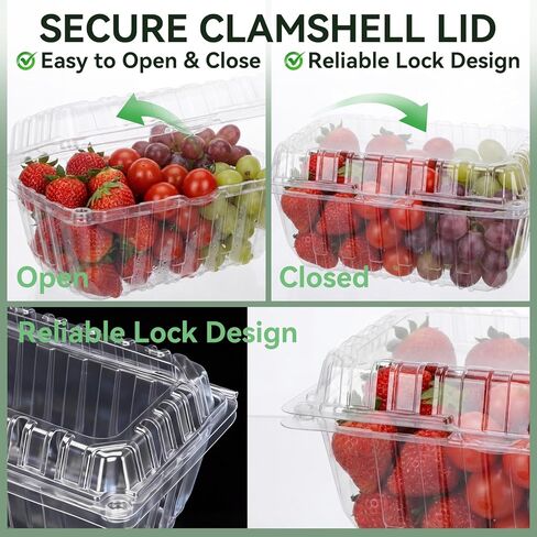 Qinyoung 100 Pack 1 Pound Clear Plastic Berry Containers with Lids Vented Clam Shell Produce Baskets for Fridge 7.1 x 4.7 x 2.4 Inch Fruit Storage Boxes for Strawberry, Grocery, Home Use in Saudi Arabia