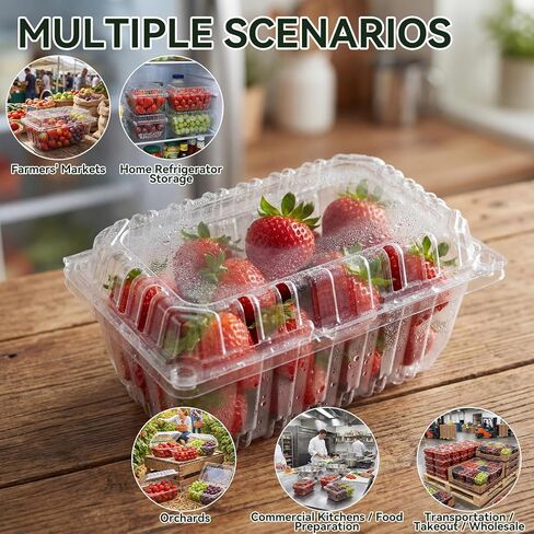 Qinyoung 100 Pack 1 Pound Clear Plastic Berry Containers with Lids Vented Clam Shell Produce Baskets for Fridge 7.1 x 4.7 x 2.4 Inch Fruit Storage Boxes for Strawberry, Grocery, Home Use in Saudi Arabia