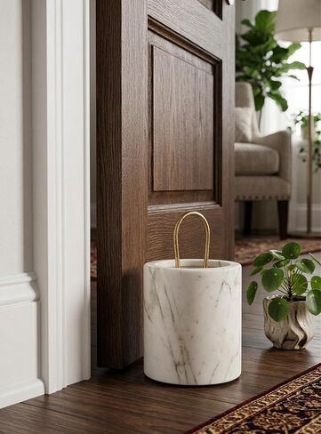 حاجز باب من الرخام الأبيض المزخرف من Spiretro بمقبض نحاسي - بطول 7.5 بوصة، حاجز باب أسطواني بوزن 10 رطل مع قاعدة مخملية ناعمة لعدم الانزلاق، تصميم أنيق ومتين للاستخدام في المنزل والمكتب in Kuwait